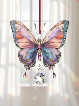 Acrylic 2D Flat Pink Butterfly Ornament, Fairycore Crystal Suncatcher, Pastel Window Hanging, Sparkling Decor, Gift for Her, Spring Art