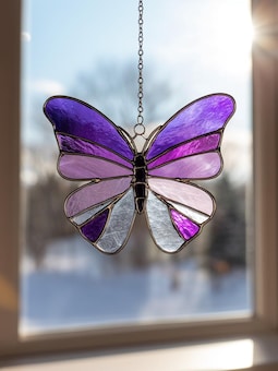 Purple Butterfly Stained Glass Suncatcher Window Hanging - Nature Inspired Cottagecore Decor Gift For Her And Home
