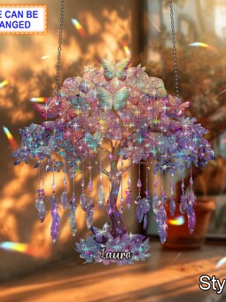 Butterfly Tree Broken Glass Hologram Ornament – Iridescent Acrylic Window Charm, Nature Inspired Decor, Unique Butterfly Lover Gift