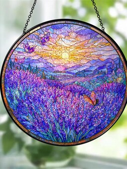 Lavender Field Stained Glass Suncatcher: Butterfly Sunset Window Art