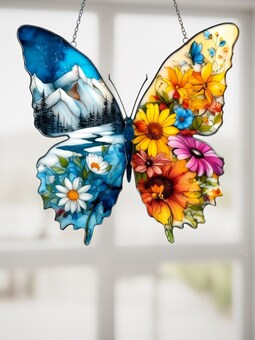 Butterfly Suncatcher, Stained Glass Style, Mountain and Flower Decor
