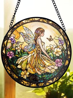 Fairy Stained Glass Suncatcher, Golden Garden Design, Enchanting Window Decor, Fantasy Floral Art, Gift for Nature Lovers and Dreamers