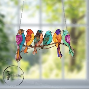 Colorful Birds Acrylic Window Hanging: Fax Stained Glass Look, Bird Lover Gift