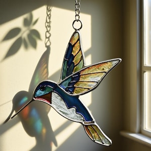 Hummingbird Stained Glass Suncatcher, Handmade Stained Glass Ornament, Unique Window Hanging, Plant Home Decor, Bird Christmas Ornament Gift