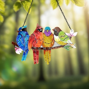 Stained Glass Birds Suncatcher, Four Colorful Birds on Branch Window Hanging, Handmade Glass Bird Ornament, Garden Home Decor Gift
