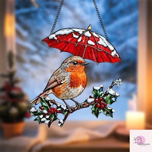 Robin Bird Acrylic Suncatcher: Christmas Window Hanging Decor