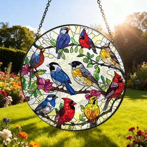 Colorful Birds Suncatcher Stained Glass Garden Suncatcher Window Hanging Bird Lover Gift Ornament Christmas Tree Decor
